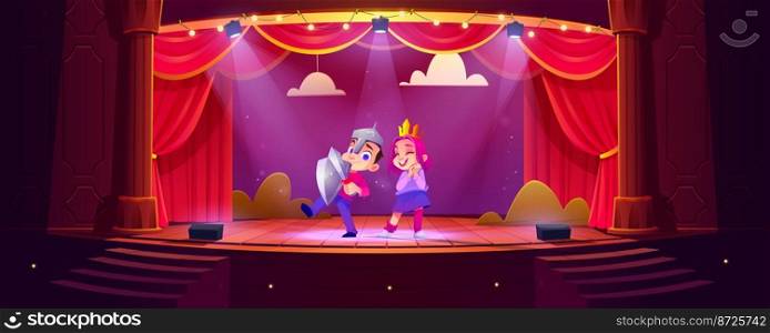 Children actors play on theater scene with red curtains, columns and spotlights. Cute kids, girl and boy in costumes on wooden theatre stage, vector cartoon illustration. Children actors play on theater scene