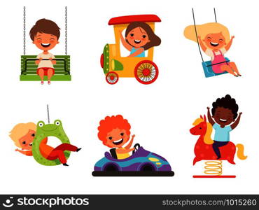 Children amusement park. Happy kids sitting and playing various attractions games smiling male female boys and girls vector characters. Illustration of boy and girl, amusement and entertainment. Children amusement park. Happy kids sitting and playing various attractions games smiling male female boys and girls vector characters