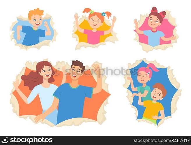 Children and adults peeking out of hole in wall set. Vector illustrations of friends looking through torn paper. Cartoon happy people in frame isolated on white. Celebration, surprise concept. Children and adults peeking out of hole in wall set
