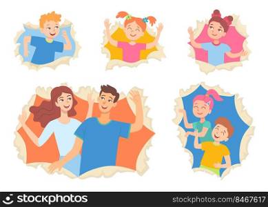Children and adults peeking out of hole in wall set. Vector illustrations of friends looking through torn paper. Cartoon happy people in frame isolated on white. Celebration, surprise concept. Children and adults peeking out of hole in wall set