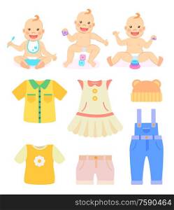 Children and clothes vector, baby holding spoon and eating, kid playing with cubes. Dress for girl and bodysuit for boy, clothing for newborn kiddos. Baby Playing with Cubes and Eating Meal Children