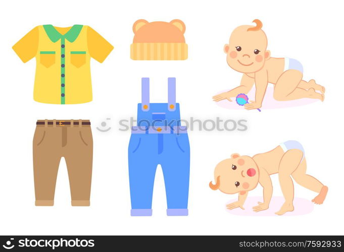 Children and clothes vector, jeans trousers and shirt, hat and tshirt flat style. Bodysuit for male child, kid wearing diaper and playing with toys. Baby and Clothes to Wear, Kid in Diaper Isolated