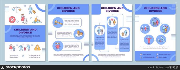 Children and divorce blue brochure template. Protect kids. Booklet print design with linear icons. Vector layouts for presentation, annual reports, ads. Arial-Black, Myriad Pro-Regular fonts used. Children and divorce blue brochure template