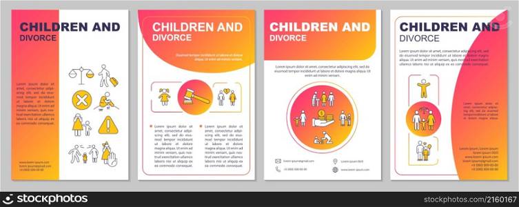 Children and divorce red gradient brochure template. Kids care. Booklet print design with linear icons. Vector layouts for presentation, annual reports, ads. Arial, Myriad Pro-Regular fonts used. Children and divorce red gradient brochure template