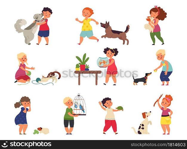 Children and pets characters. Cartoon friends, happy kids hugging animal. Child play petting care, isolated dog cat owners vector set. Illustration owner mouse or kitten, boy happiness with animal. Children and pets characters. Cartoon friends, happy kids hugging animal. Child play petting care, isolated dog cat owners decent vector set