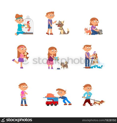 Children and pets. Kid with pet, child holding pig and bird. Toddler care about dogs and cats, cartoon isolated owner animals decent vector set. Illustration of girl and boy with dog or cat. Children and pets. Kid with pet, child holding pig and bird. Toddler care about dogs and cats, cartoon isolated owner animals decent vector set