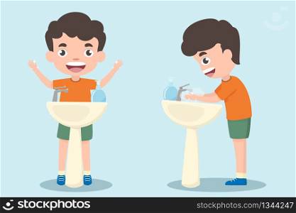Children are hands washing. children standing at the wash basin with hand wash gel. Good practice protect from covid-19 or coronavirus. health and medical. Protect and clean virus. vector illustration