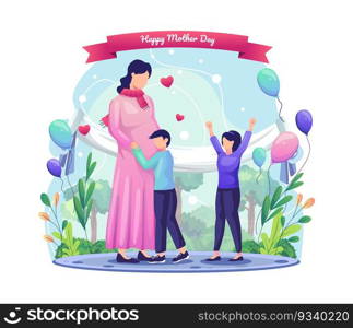 Children are happy to celebrate their mother who is pregnant. Happy Mother’s Day Greeting flat vector illustration