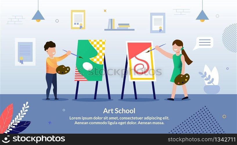 Children Art School, Drawing Classes for Kids Trendy Flat Vector Advertising Banner, Promo Poster Template. Happy Preschooler Boy and Girl Drawing Abstract Paintings with Paint and Brush Illustration