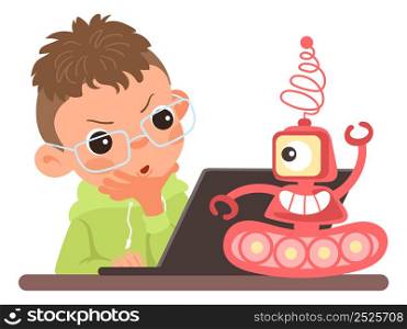 Children assemble robot. Boy with robotic toy and laptop. Cartoon kid programming automatic machine. Artificial intelligence. Young person making cyborg with antenna. Babies education. Vector concept. Children assemble robot. Boy with robotic toy and laptop. Kid programming automatic machine. Artificial intelligence. Person making cyborg with antenna. Babies education. Vector concept
