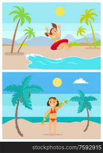 Children at beach vector, seaside activities and summertime happiness of kids. Girl by coast in lifebuoy jumping in sea water, kiddo with towel wiping. Summer Vacation Kids Having Fun on Vacations Set