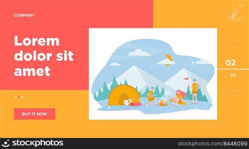 Children at c&fire in mountain forest flat vector illustration. Cartoon scouts c&ing, sitting near fire and frying marshmallow. Adventure and summer vacation concept
