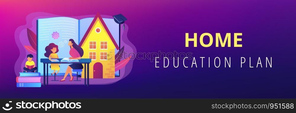 Children at home with tutor or parent getting education, tiny people. Home schooling, home education plan, homeschooling online tutor concept. Header or footer banner template with copy space.. Home schooling concept banner header.