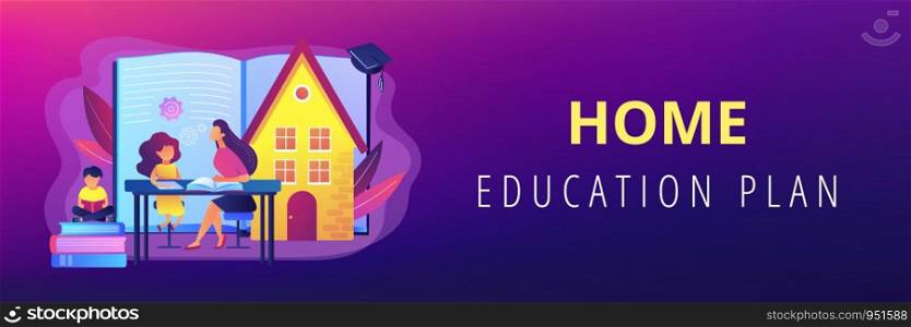 Children at home with tutor or parent getting education, tiny people. Home schooling, home education plan, homeschooling online tutor concept. Header or footer banner template with copy space.. Home schooling concept banner header.