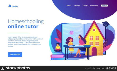 Children at home with tutor or parent getting education, tiny people. Home schooling, home education plan, homeschooling online tutor concept. Website homepage landing web page template.. Home schooling concept landing page.
