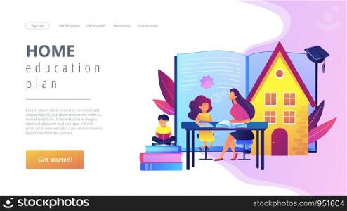 Children at home with tutor or parent getting education, tiny people. Home schooling, home education plan, homeschooling online tutor concept. Website homepage landing web page template.. Home schooling concept landing page.