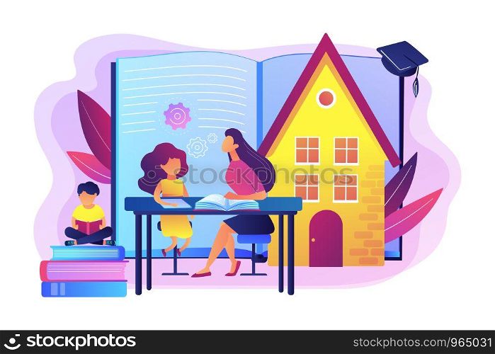 Children at home with tutor or parent getting education, tiny people. Home schooling, home education plan, homeschooling online tutor concept. Bright vibrant violet vector isolated illustration. Home schooling concept vector illustration.