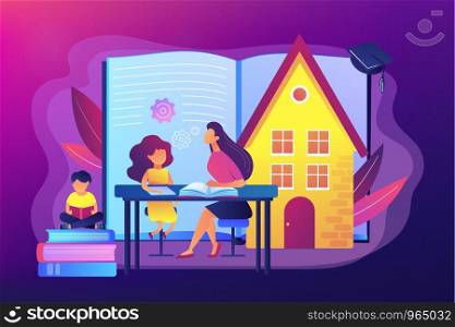Children at home with tutor or parent getting education, tiny people. Home schooling, home education plan, homeschooling online tutor concept. Bright vibrant violet vector isolated illustration. Home schooling concept vector illustration.