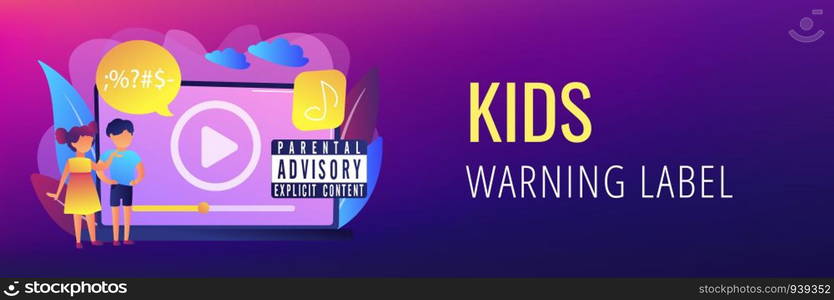 Children at laptop listening to music with parental advisory label warning. Parental advisory, explicit content, kids warning label concept. Header or footer banner template with copy space.. Parental advisory music concept banner header.