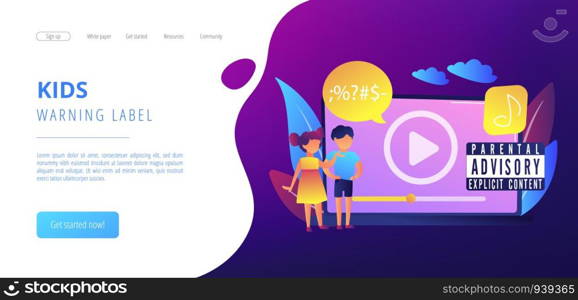 Children at laptop listening to music with parental advisory label warning. Parental advisory, explicit content, kids warning label concept. Website vibrant violet landing web page template.. Parental advisory music concept landing page.