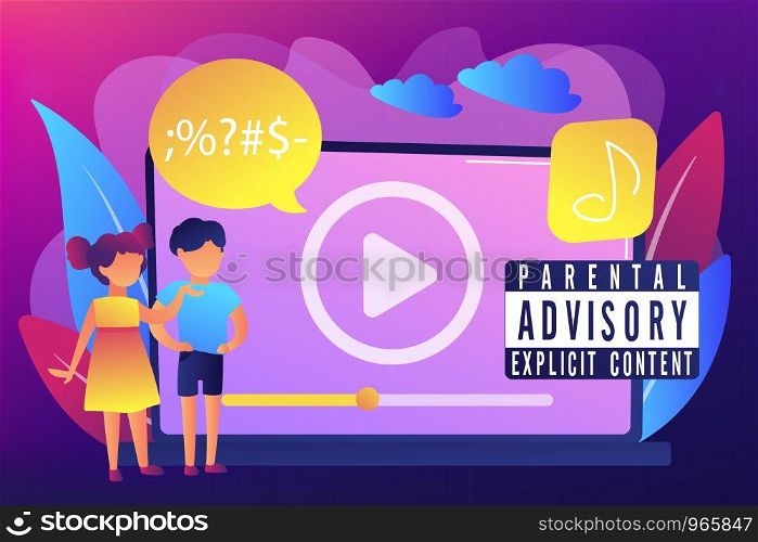 Children at laptop listening to music with parental advisory label warning. Parental advisory, explicit content, kids warning label concept. Bright vibrant violet vector isolated illustration. Parental advisory music concept vector illustration.