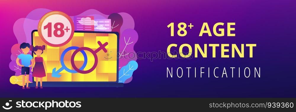 Children at laptop with adult content restriction for inappropriate video. Adult content, sexual content notification, 18 age restriction concept. Header or footer banner template with copy space.. Adult content concept banner header.