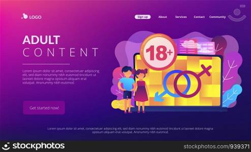 Children at laptop with adult content restriction for inappropriate video. Adult content, sexual content notification, 18 age restriction concept. Website vibrant violet landing web page template.. Adult content concept landing page.