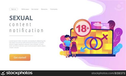 Children at laptop with adult content restriction for inappropriate video. Adult content, sexual content notification, 18 age restriction concept. Website vibrant violet landing web page template.. Adult content concept landing page.