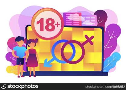 Children at laptop with adult content restriction for inappropriate video. Adult content, sexual content notification, 18 age restriction concept. Bright vibrant violet vector isolated illustration. Adult content concept vector illustration.