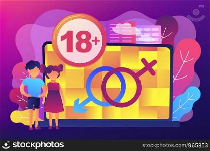 Children at laptop with adult content restriction for inappropriate video. Adult content, sexual content notification, 18 age restriction concept. Bright vibrant violet vector isolated illustration. Adult content concept vector illustration.