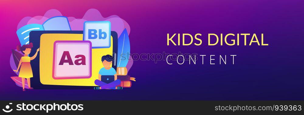 Children at tablet and with laptop using kids friendly alphabet application. Kids digital content, kids friendly media, children apps concept. Header or footer banner template with copy space.. Kids digital content concept banner header.