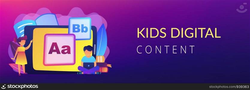 Children at tablet and with laptop using kids friendly alphabet application. Kids digital content, kids friendly media, children apps concept. Header or footer banner template with copy space.. Kids digital content concept banner header.