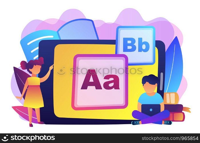 Children at tablet and with laptop using kids friendly alphabet application. Kids digital content, kids friendly media, children apps concept. Bright vibrant violet vector isolated illustration. Kids digital content concept vector illustration.