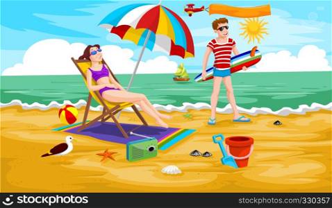 Children at the Beach, Fun and Relaxation in the Sand, vector illustration