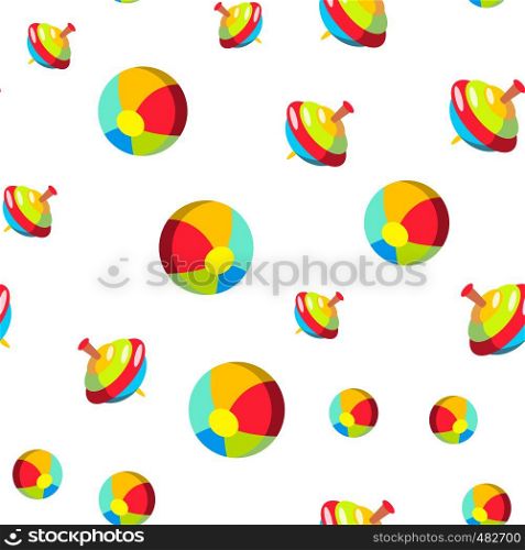 Children, Baby Toys Cartoon Vector Seamless Pattern. Multicolor Plastic Toys Textile, Backdrop. Striped Beach Ball, Retro Spinning Top Background. Kids Leisure Activities, Games Flat Illustration. Children, Baby Toys Cartoon Vector Seamless Pattern