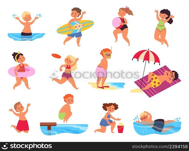 Children beach characters. Seaside kids, summer play child. Ocean holiday travel, isolated kid swimming and water sport training, decent vector set. Illustration of summer sea vacation seaside. Children beach characters. Seaside kids, summer play child. Ocean holiday travel, isolated kid swimming and water sport training, decent vector set