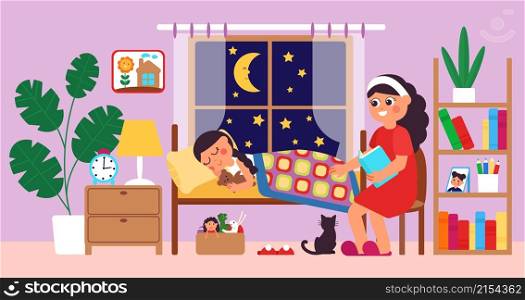 Children bedtime. Mother putting daughter bed, mom reading story to child. Night tales, girl sleep and young woman sitting with book decent vector scene. Illustration of mother parent and daughter. Children bedtime. Mother putting daughter bed, mom reading story to child. Night tales, girl sleep and young woman sitting with book decent vector scene