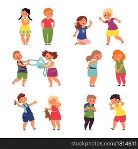 Children behavior. Child conflict, sad angry kid relationship. Boy girl fight toys, abuse friends, bully sister or brother decent vector set. Illustration conflict angry and fight, bullying expression. Children behavior. Child conflict, sad angry kids relationship. Boy girl fight toys, abuse friends, bully sister or brother decent vector set