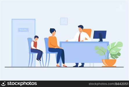 Children behavior problems concept. Mom and son visiting school principal office. Pupil feeling guilty while his mother talking to headmaster. Illustration for family troubles or education topics