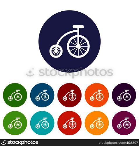 Children bicycle set icons in different colors isolated on white background. Children bicycle set icons