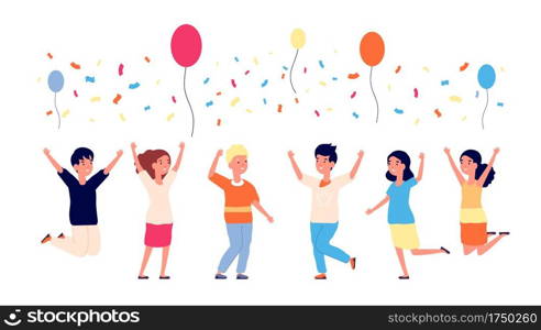 Children birthday party. Happy kids jumping, balloons and confetti. Cartoon child, dancing characters. Group of friends vector illustration. Happy children party, birthday fun celebration. Children birthday party. Happy kids jumping, balloons and confetti. Cartoon child, dancing characters. Group of friends vector illustration