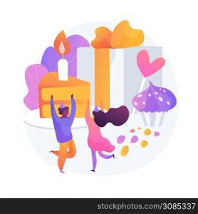 Children birthday party. People celebrating anniversary. Kids in festive birthday caps dancing and having fun. Decoration, present, confetti. Vector isolated concept metaphor illustration. Birthday party vector concept metaphor