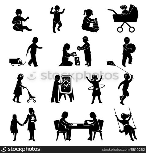Children black silhouettes playing active games set isolated vector illustration. Children Black Set