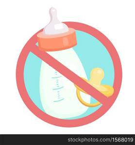 Children bottle with milk and pacifer in prohibition sign. Ban on artificial food. Allergy Alert. Object is separate from the background. Vector element for recipes, menus, stickers and your design.. Children bottle with milk and pacifer in prohibition sign. Ban on artificial food. Allergy Alert.
