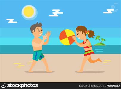 Children boy and girl playing with ball at coastline. Vector happy kids play beach volleyball, teenagers at summer time spend time outdoors on seashore. Children Boy and Girl Playing with Ball, Coastline