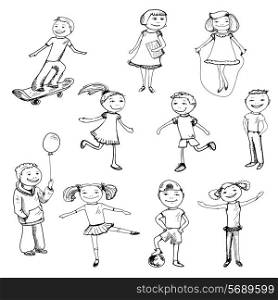 Children boys and girls playing sketch characters set isolated vector illustration