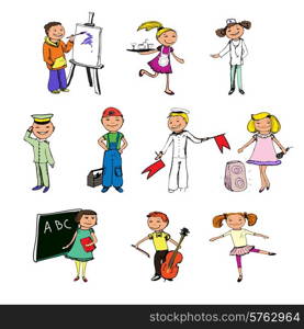 Children boys and girls professions colored sketch characters set isolated vector illustration