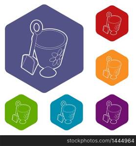 Children bucket with shovel icons vector colorful hexahedron set collection isolated on white. Children bucket with shovel icons vector hexahedron