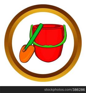Children bucket with shovel vector icon in golden circle, cartoon style isolated on white background. Children bucket with shovel vector icon
