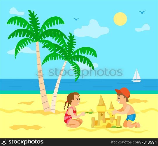 Children building sand castle vector, kids on summer vacations. Summertime fun, sailboat on sea, palm tree with exotic foliage and hot sand, sunny weather. Summer Vacation of Kids, Children with Sand Castle